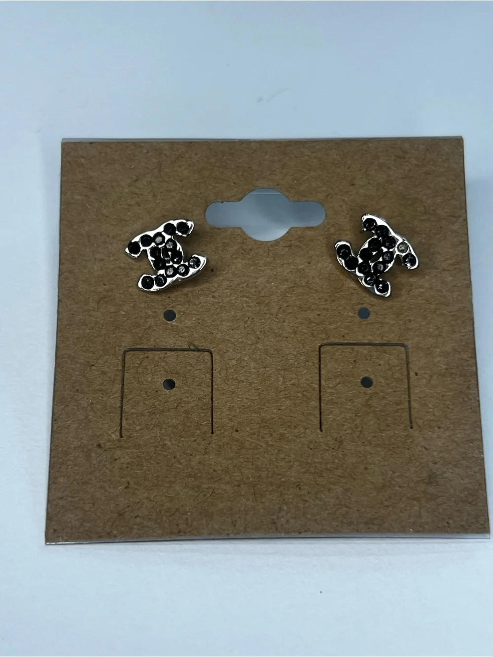 Silver Black Rhinestone Interlocking C Stud Earrings Fashion Costume Jewelry - Picture 3 of 6